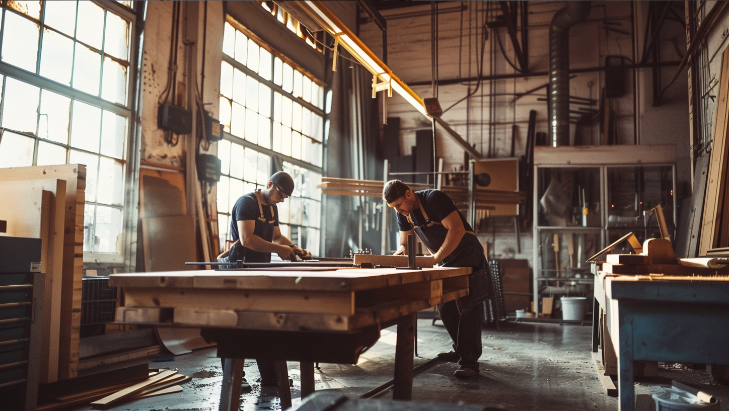 Two millwork professionals are working on Custom Fixtures in a spacious loft2