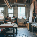 Two millwork professionals are working on Custom Fixtures for Architectural and Ornamental Metal Fabrication in a spacious loft3