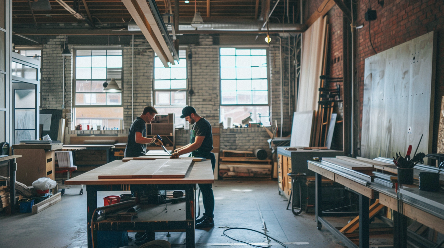 Two millwork professionals are working on Custom Fixtures for Architectural and Ornamental Metal Fabrication in a spacious loft3