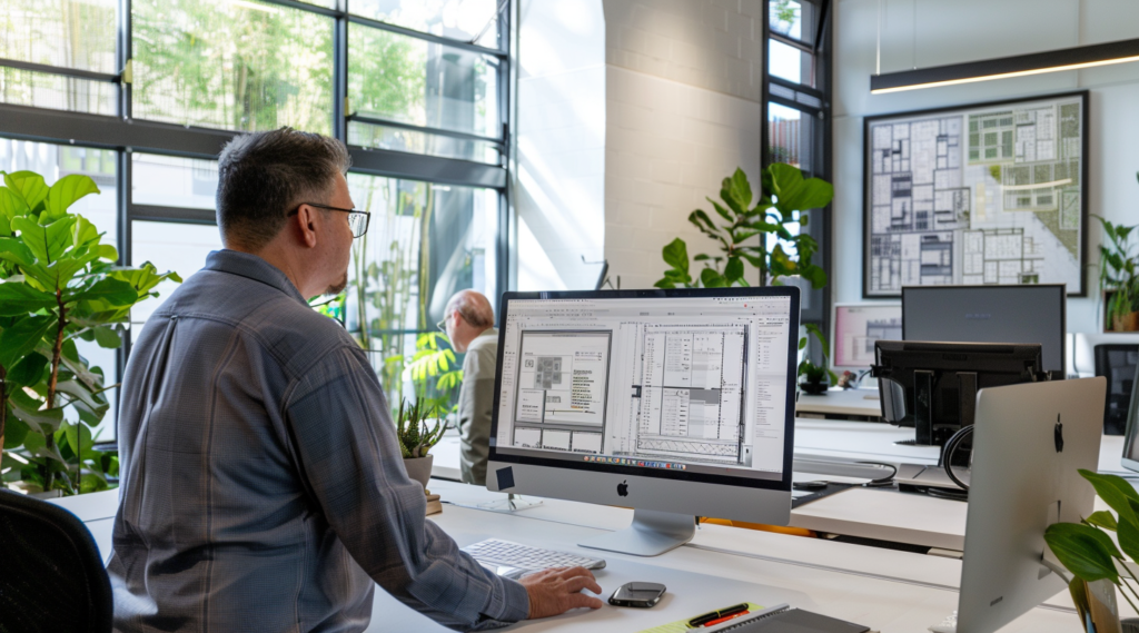 an architect works on custom millwork design in a spacious workspace