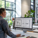 an architect works on custom millwork design in a spacious workspace