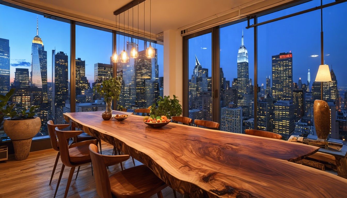 A cozy NYC dining room with reclaimed walnut table mid-century modern chairs and city skyline view