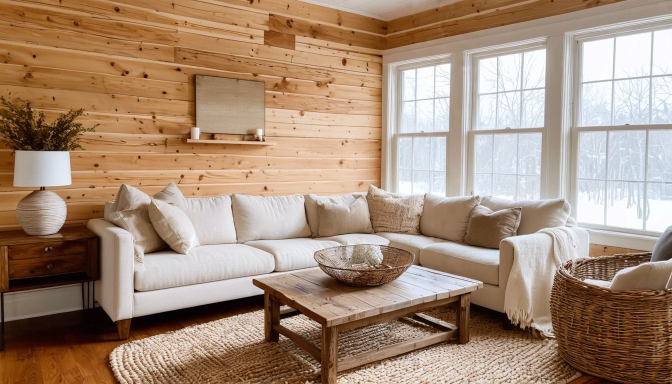 A cozy living room with a shiplap accent wall exudes rustic charm