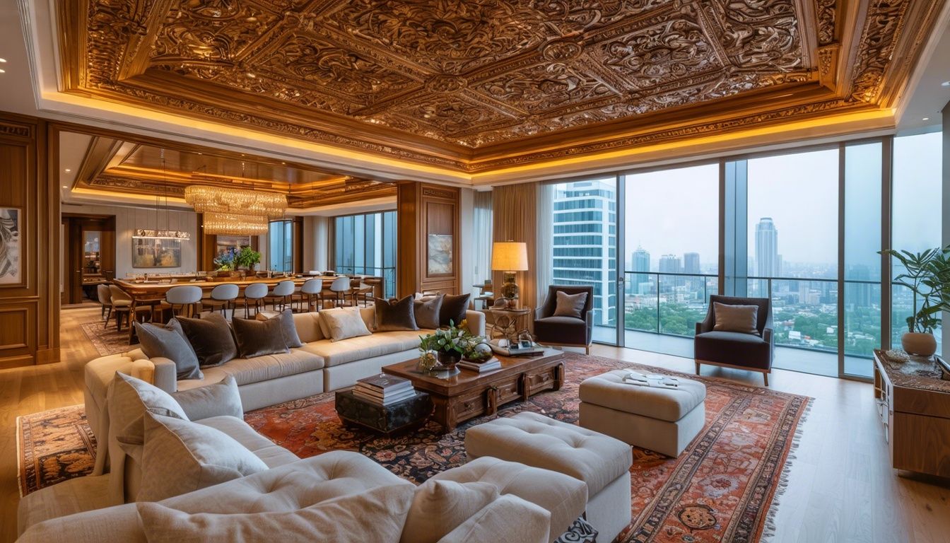 A handcrafted wood ceiling in a luxury living room showcasing intricate interior millwork details