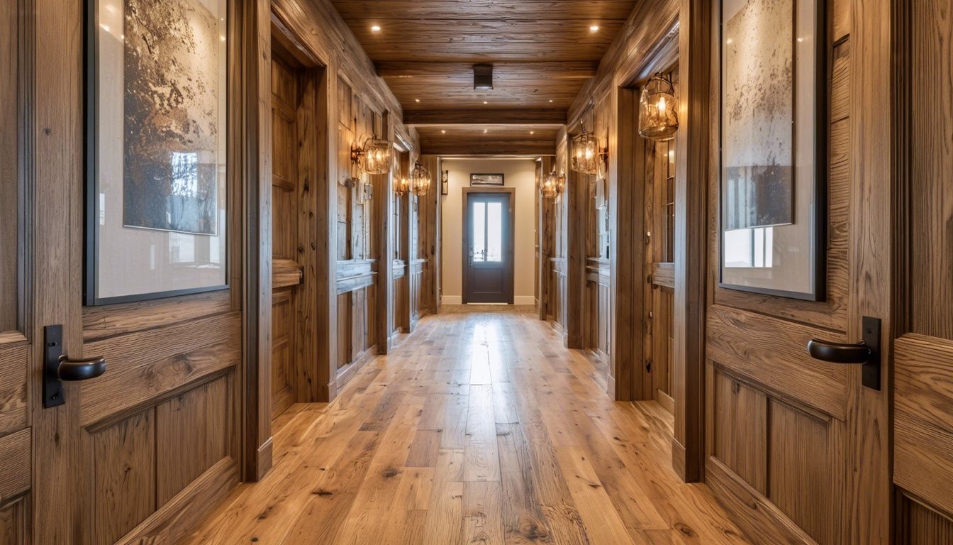 A rustic and chic wood hallway with handcrafted millwork and unique fixtures showcasing natural wood beauty