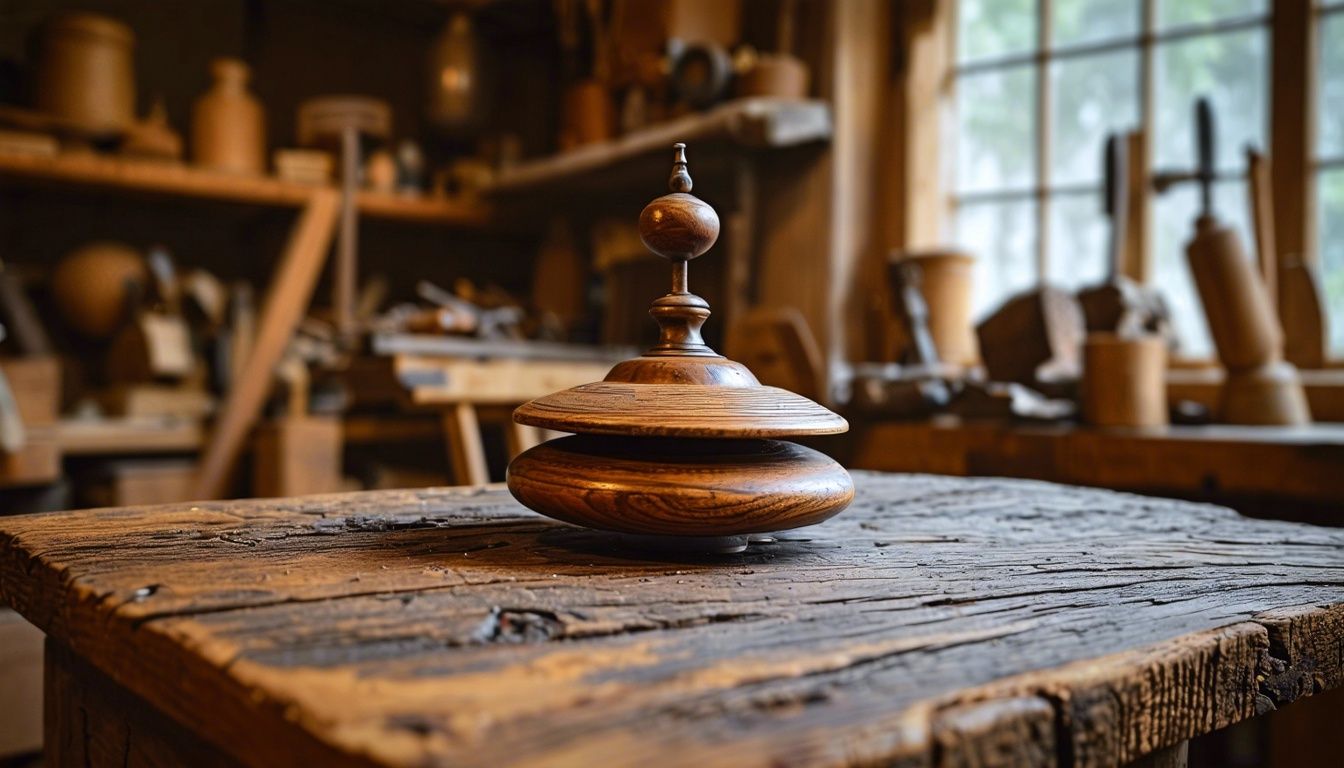 An antique wooden top displayed in a vintage woodworking workshop.