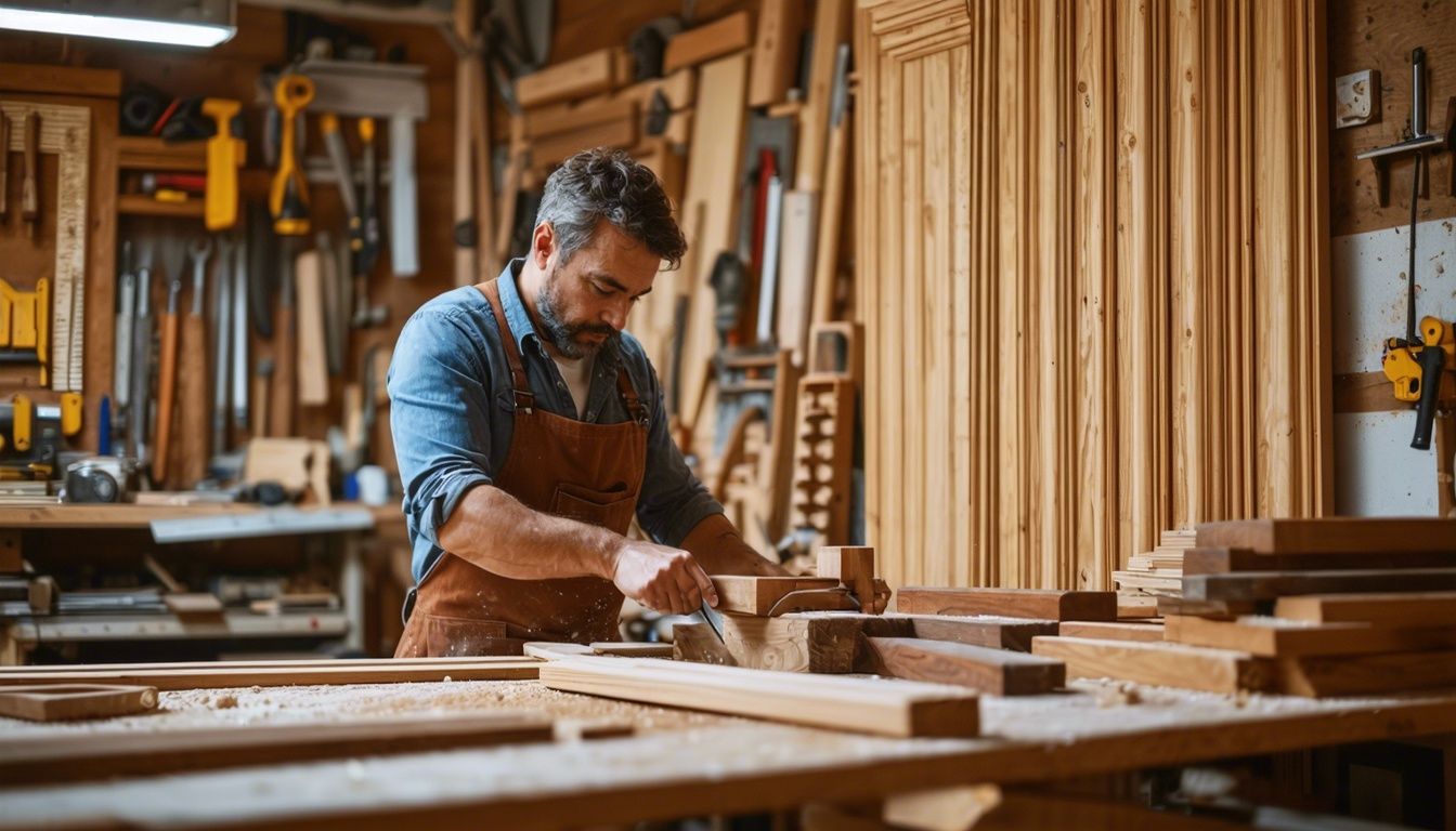 An artisan crafting custom wood wall molding in a workshop with various woodworking tools and materials.