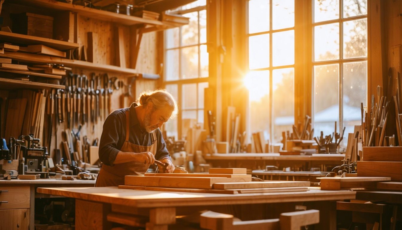 Artisan crafting intricate woodwork element in a millwork workshop with tools and materials