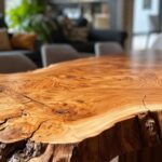 A live edge slab table in a cozy dining room, showcasing the natural wood grain