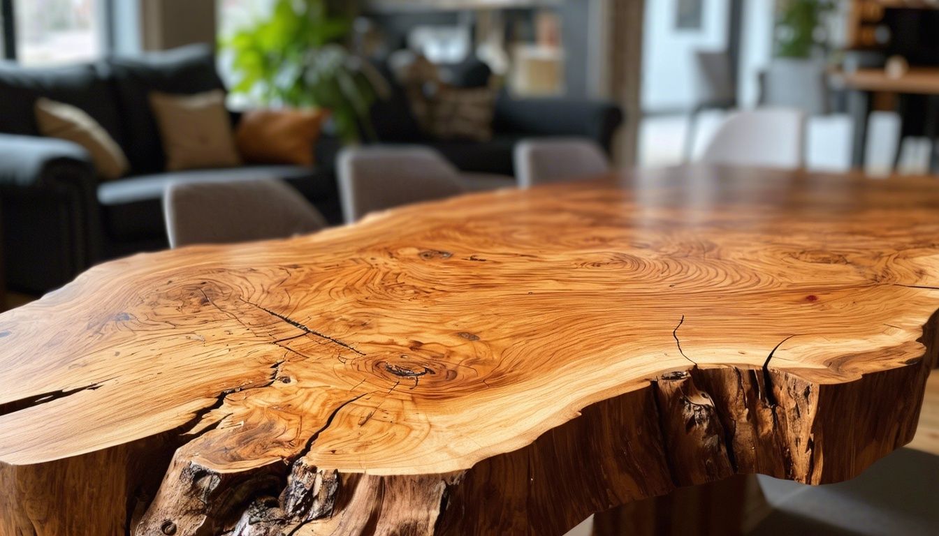 A live edge slab table in a cozy dining room, showcasing the natural wood grain