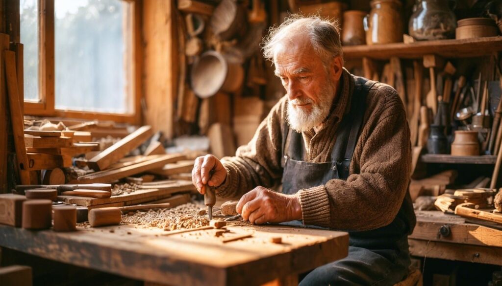 An elderly man crafting a handcrafted wooden top in a cozy workshop