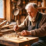 An elderly man crafting a handcrafted wooden top in a cozy workshop