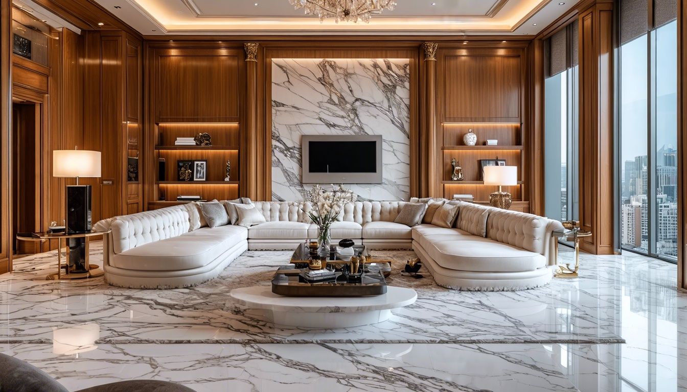 A stylish living room with custom interior millwork, elegant marble accents, and intricate wood paneling