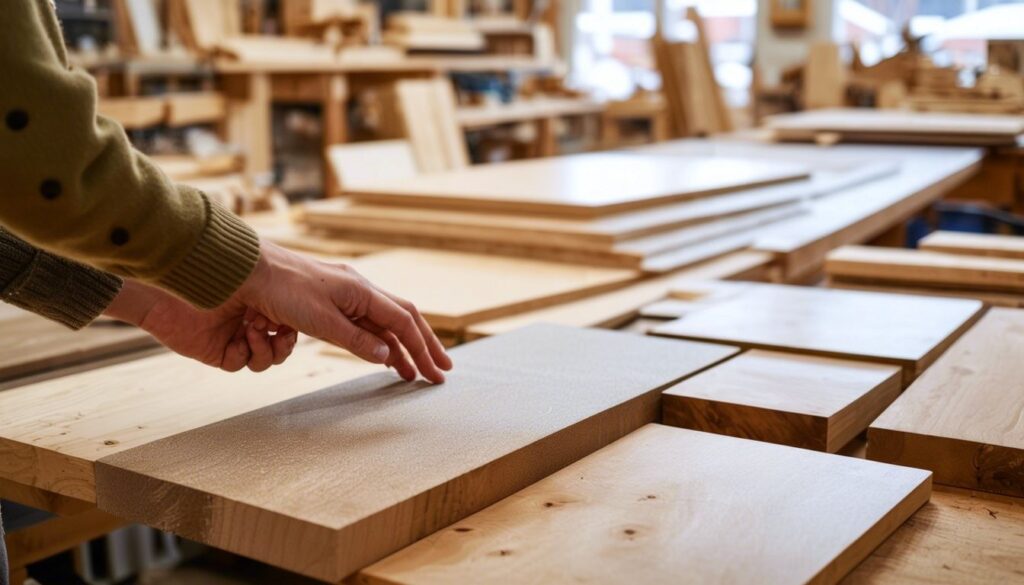 A person browsing material samples for custom table tops in a cozy workshop surrounded by woodworking tools and unfinished wood pieces