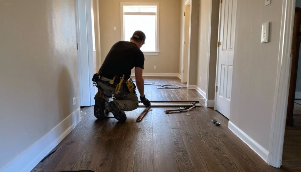 A woodworker in uniform installing dark oak hardwood flooring in a suburban home hallway