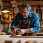 A skilled custom millwork specialist crafting intricate architectural woodwork details in a workshop