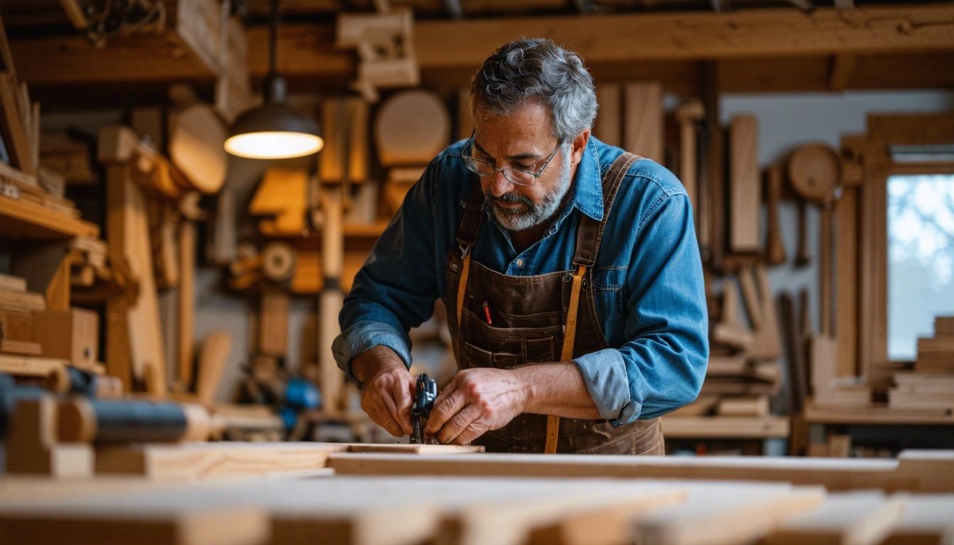 A skilled custom millwork specialist crafting intricate architectural woodwork details in a workshop