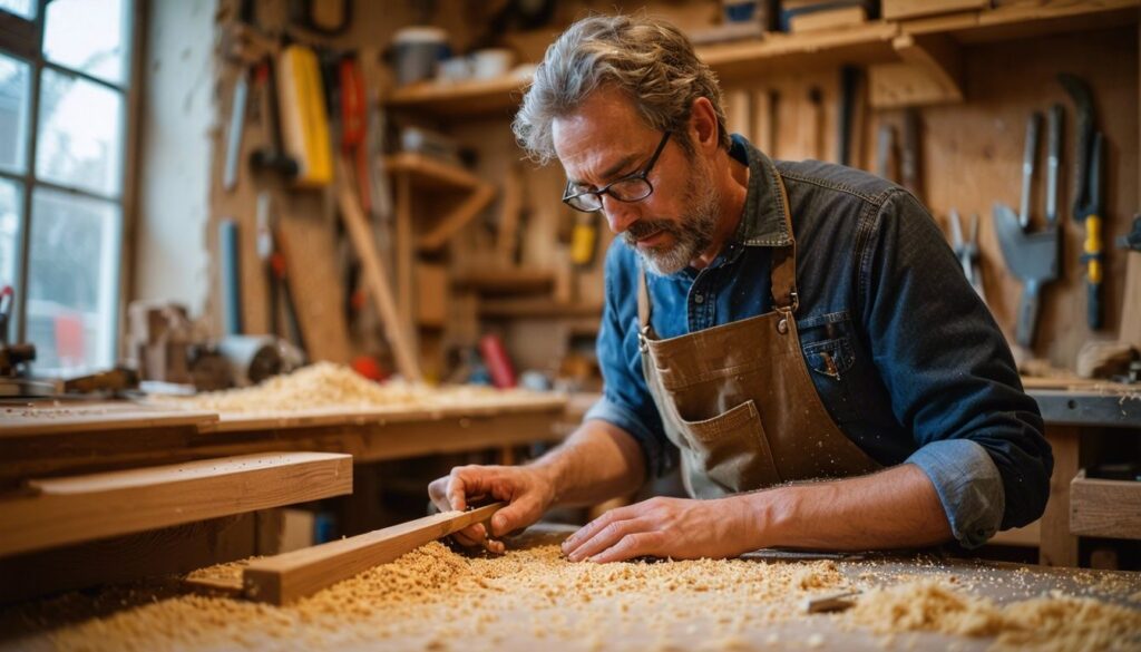 A woodworker in uniform creating a custom wooden trim piece in a millwork workshop.