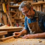 A woodworker in uniform creating a custom wooden trim piece in a millwork workshop.