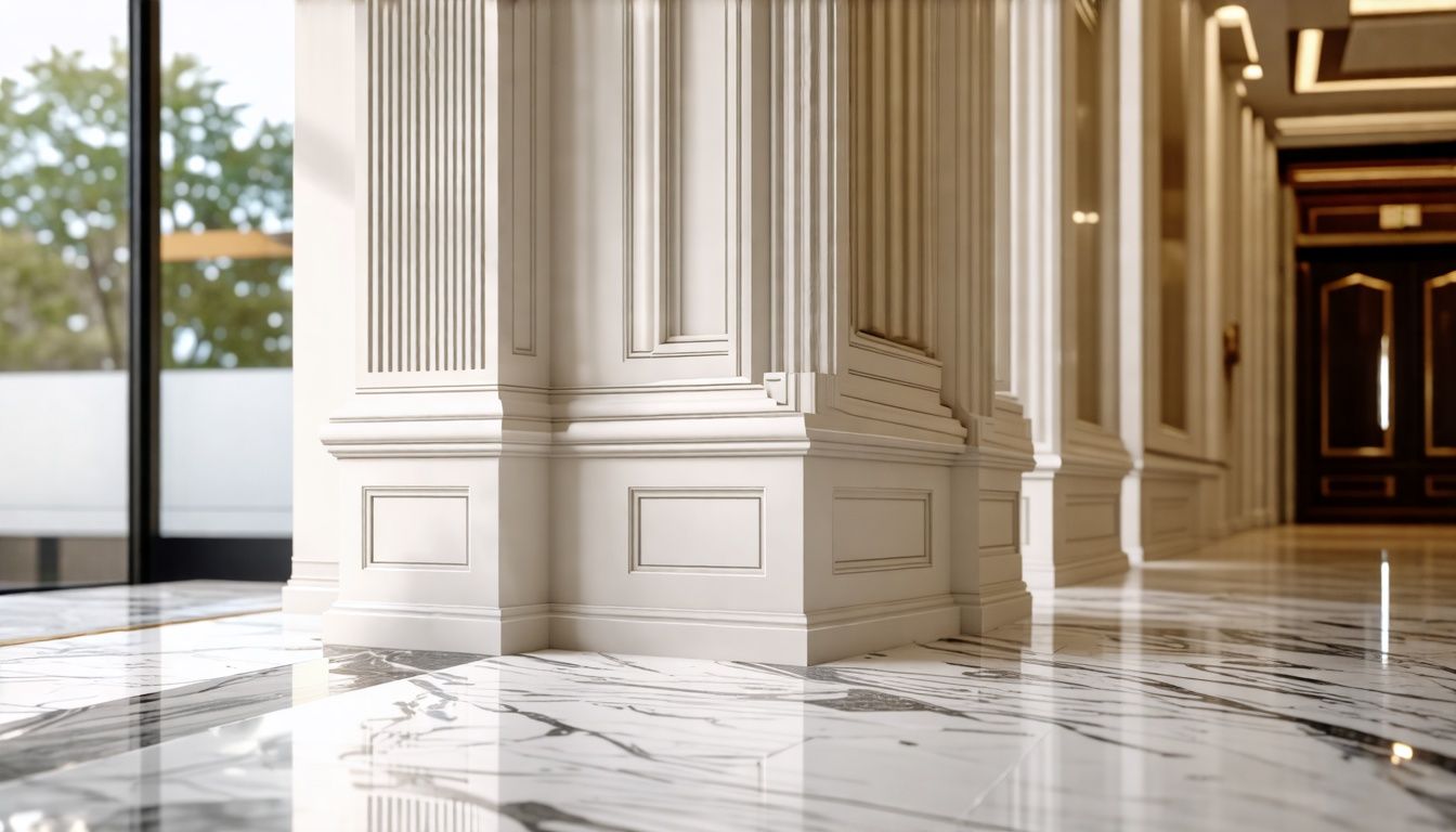 A close-up of intricate millwork molding in a luxurious office space.