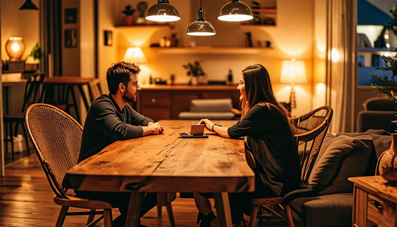 A couple in is at a custom-made wooden dining table in a cozy living room