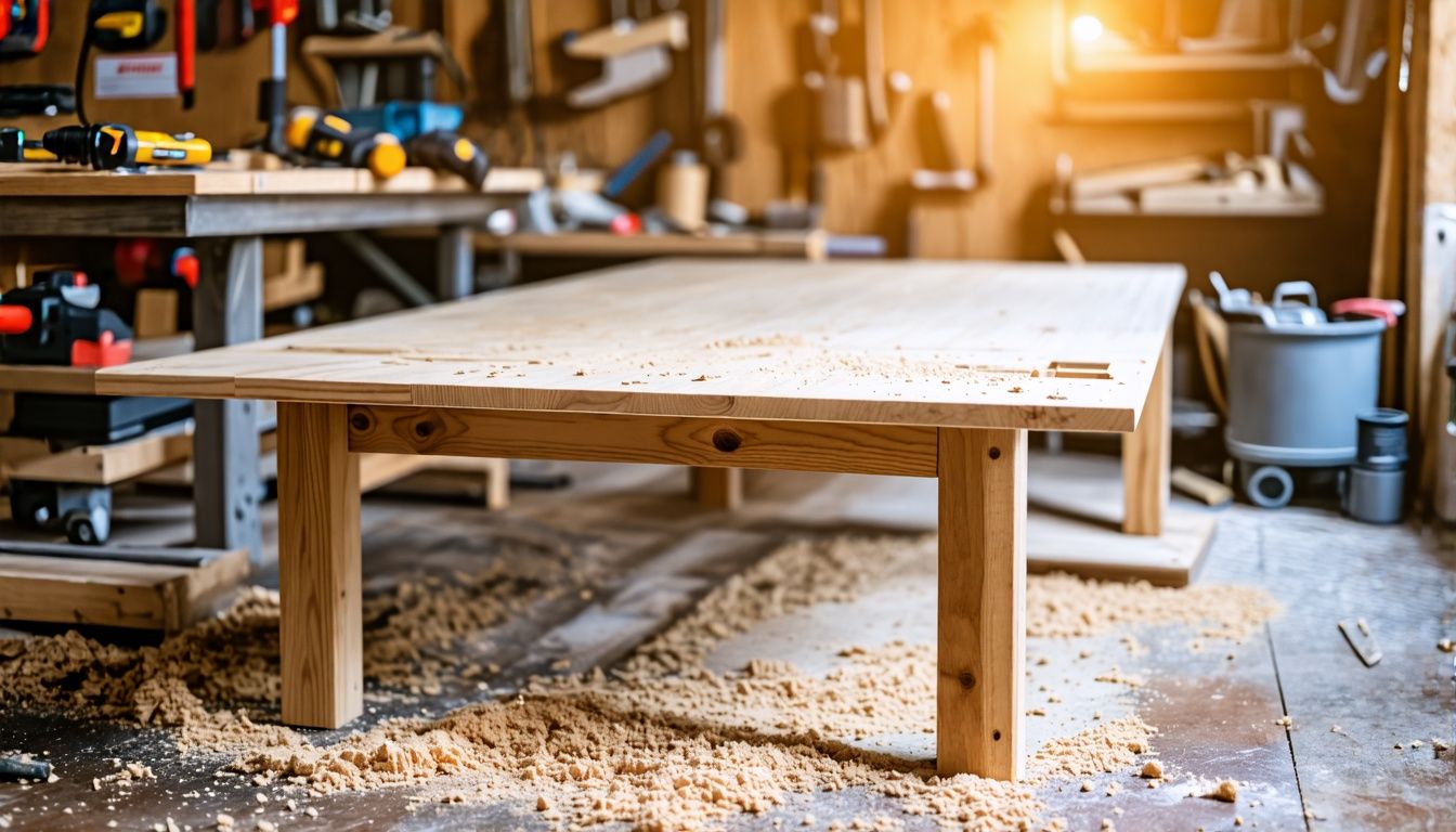 A clutter-free workshop with tools scattered on a workbench and sawdust on the floor showcasing the process of handcrafting a custom wooden table.