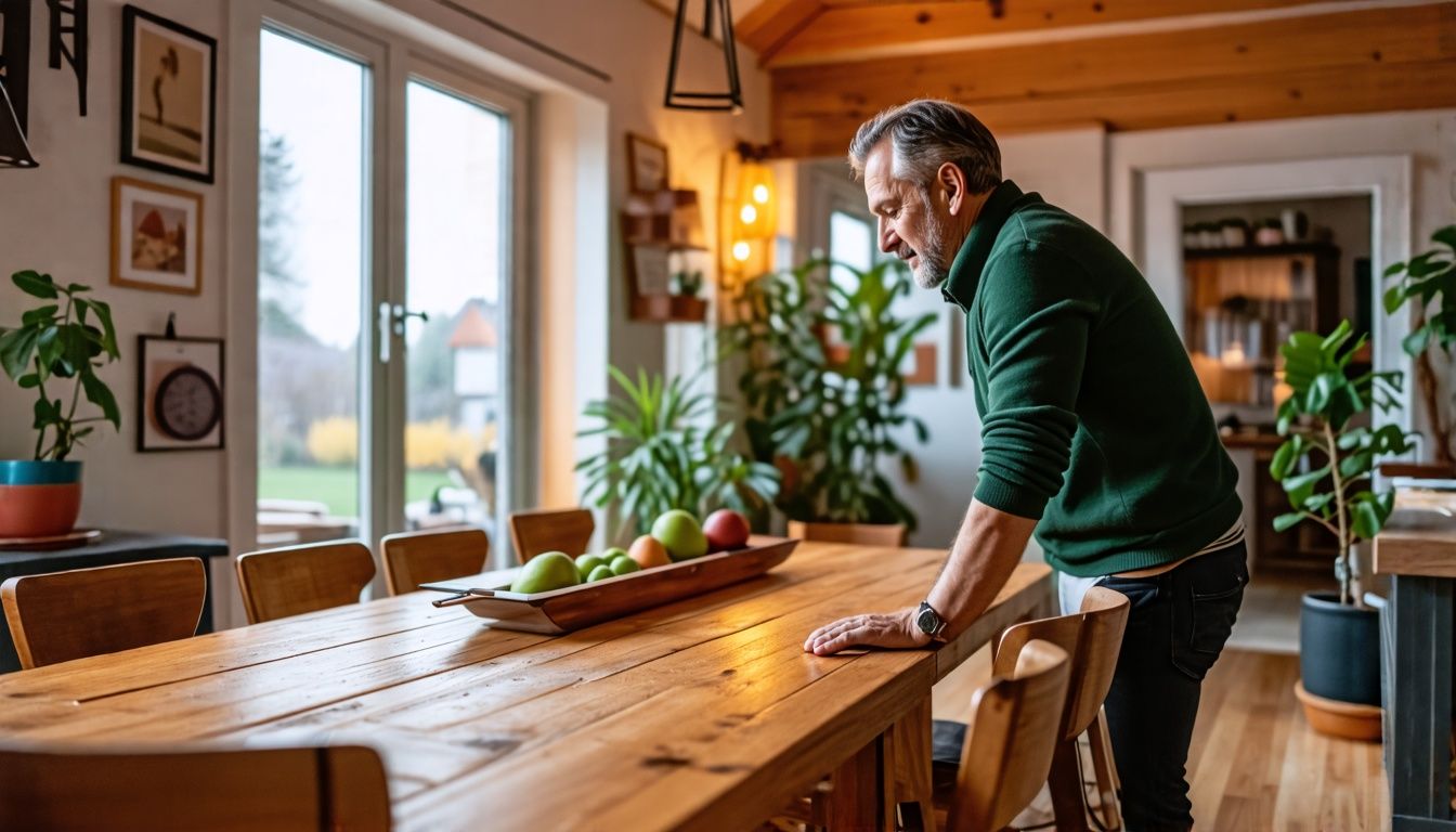 A man admires a custom-made wooden dining table in his cozy dining room.