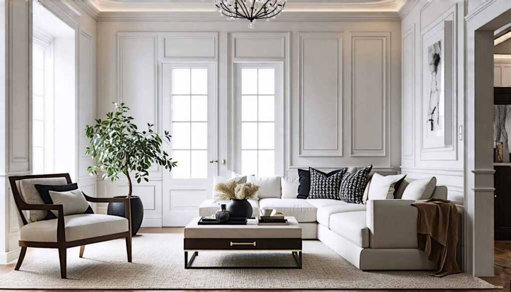 An elegant living room all in white with crown molding on the walls