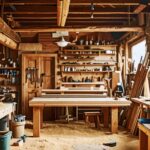 A rustic woodworking shop featuring handcrafted wooden pieces of furniture and tools