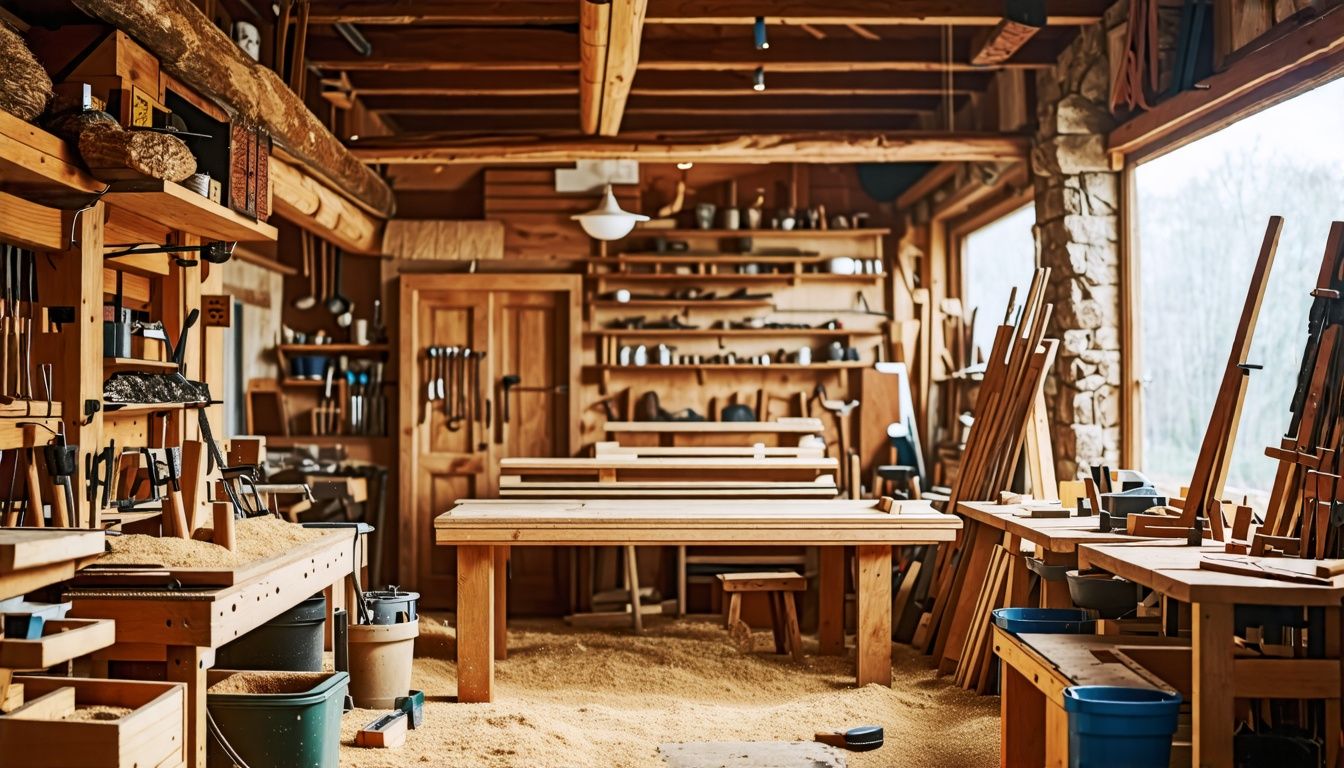 A rustic woodworking shop featuring handcrafted wooden pieces of furniture and tools