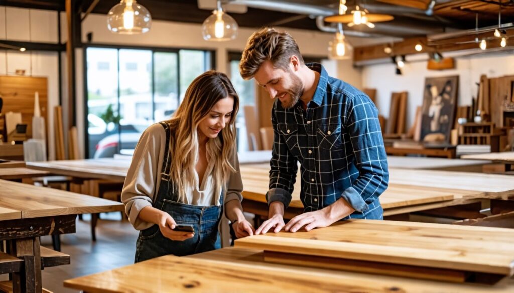 A couple in their thirties shopping for custom wooden table tops at a cozy home furniture store