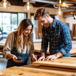 A couple in their thirties shopping for custom wooden table tops at a cozy home furniture store