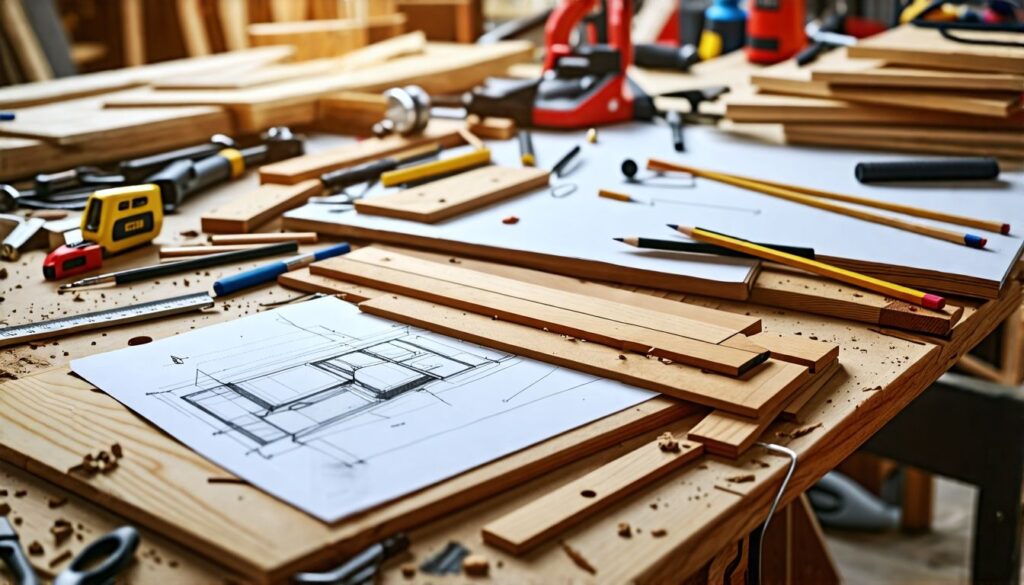 A cluttered workshop with tools and wood planks, used for building a custom wooden table