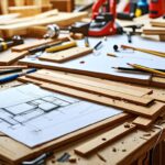 A cluttered workshop with tools and wood planks, used for building a custom wooden table