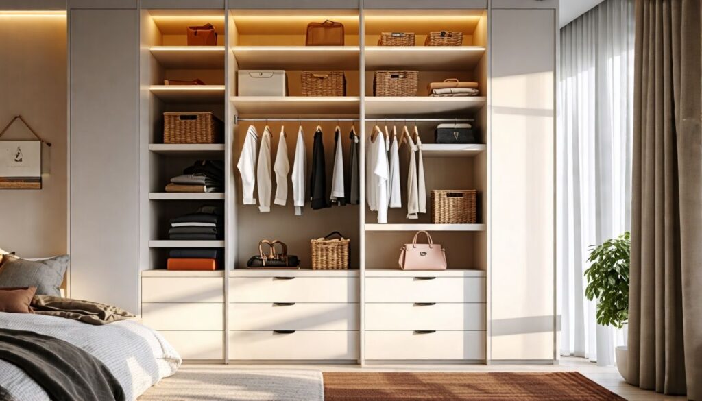 A customized wardrobe with shelves, drawers, and hanging rods in a cozy bedroom.