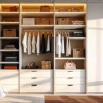 A customized wardrobe with shelves, drawers, and hanging rods in a cozy bedroom.