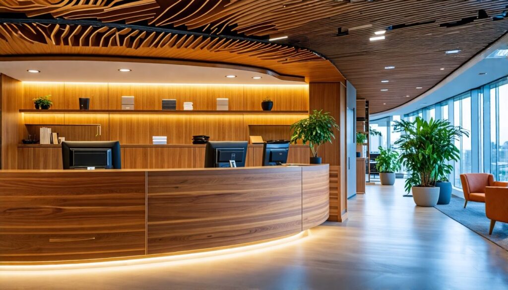 A photo of a modern large commercial building space featuring custom-made millwork and elegant shelving