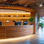 A photo of a modern large commercial building space featuring custom-made millwork and elegant shelving