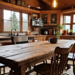 A rustic, handcrafted dining table surrounded by mismatched wooden chairs in a cozy farmhouse kitchen