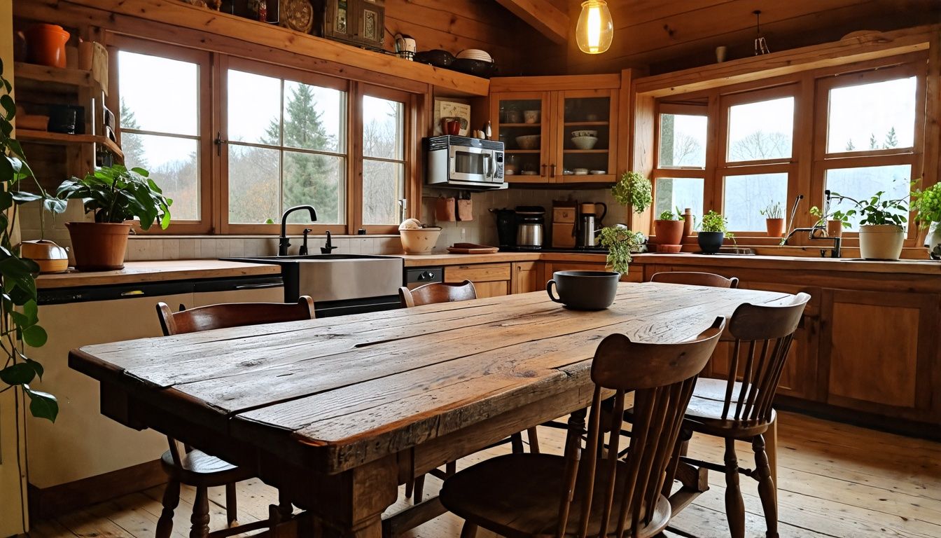 A rustic, handcrafted dining table surrounded by mismatched wooden chairs in a cozy farmhouse kitchen