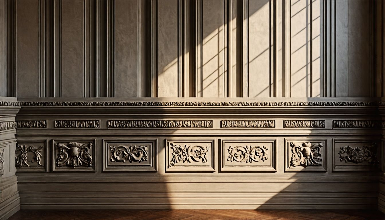 The photo showcases intricately designed wall molding in a dimly lit room