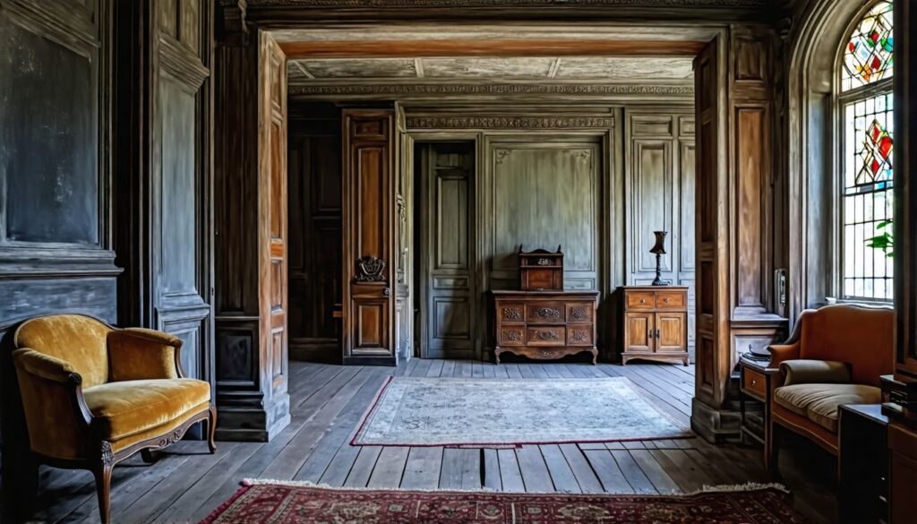 vintage wooden room with intricate crown moldings on weathered dark blue walls