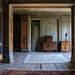 vintage wooden room with intricate crown moldings on weathered dark blue walls