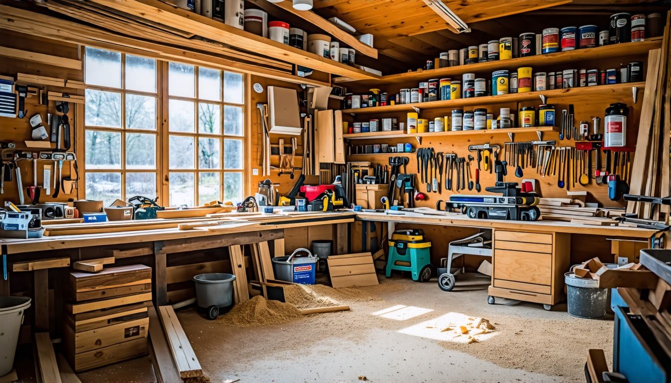 A cluttered woodworking workshop with tools, sawdust, unfinished wood pieces, and shelves filled with paint cans and hardware items.