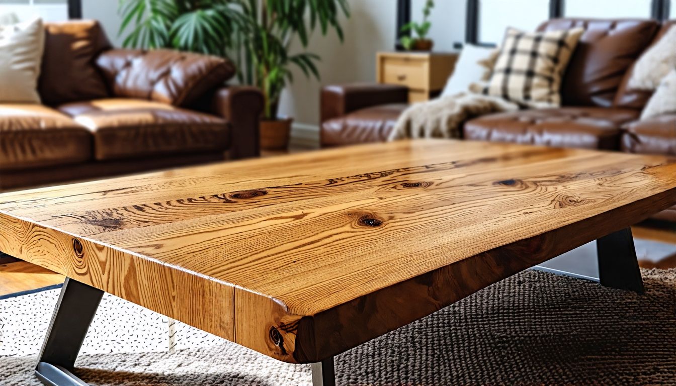 A custom wooden table top in a cozy living room with vintage decor, showcasing its unique grain pattern.