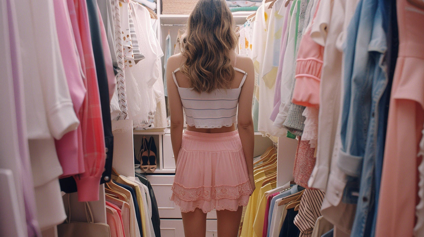 a manhattan woman is in her large customized wardrobe with clothes and shoes well organized