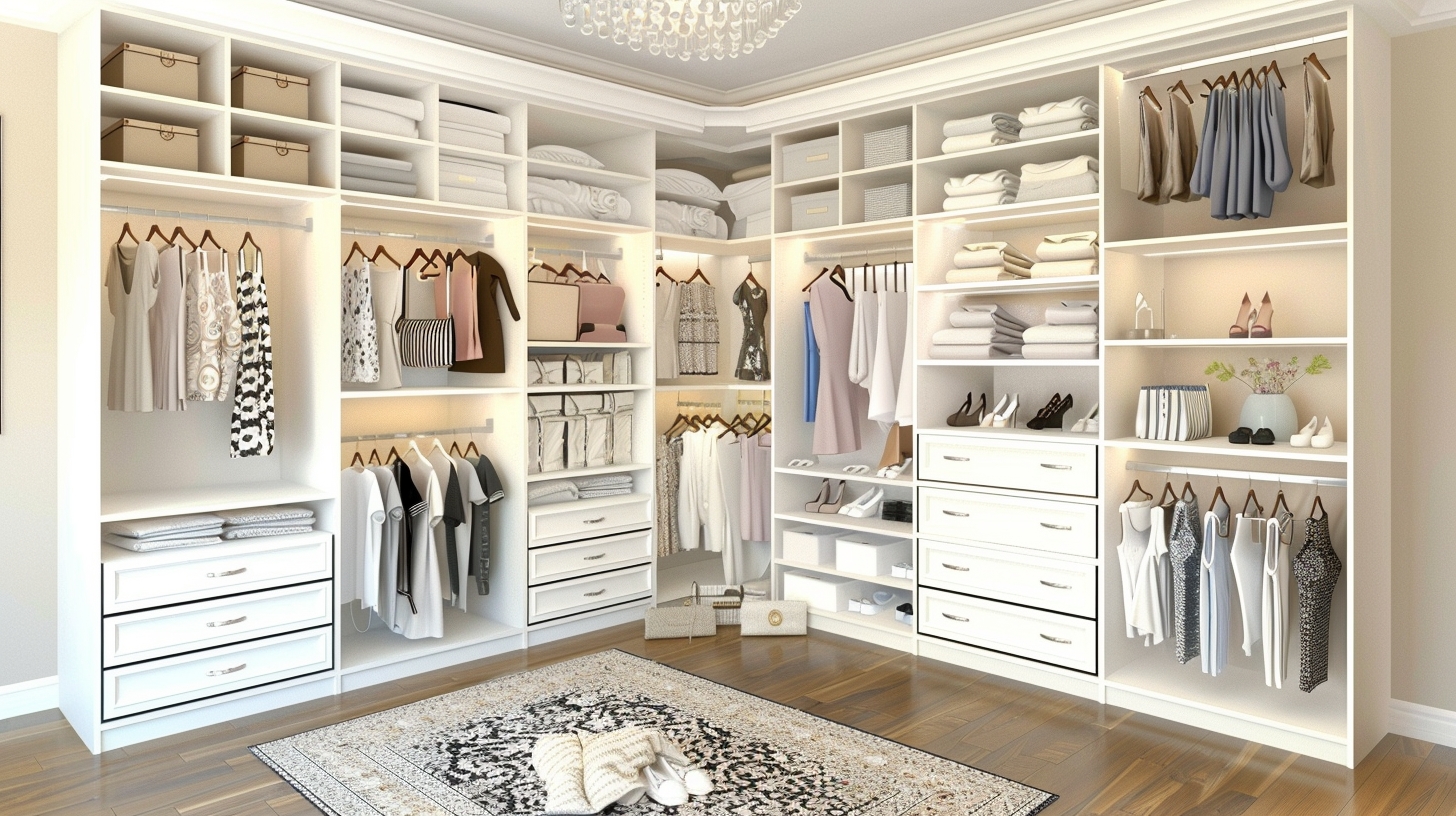 large customized wardrobe with clothes and shoes well organized real-life high resolution photo white and light colors