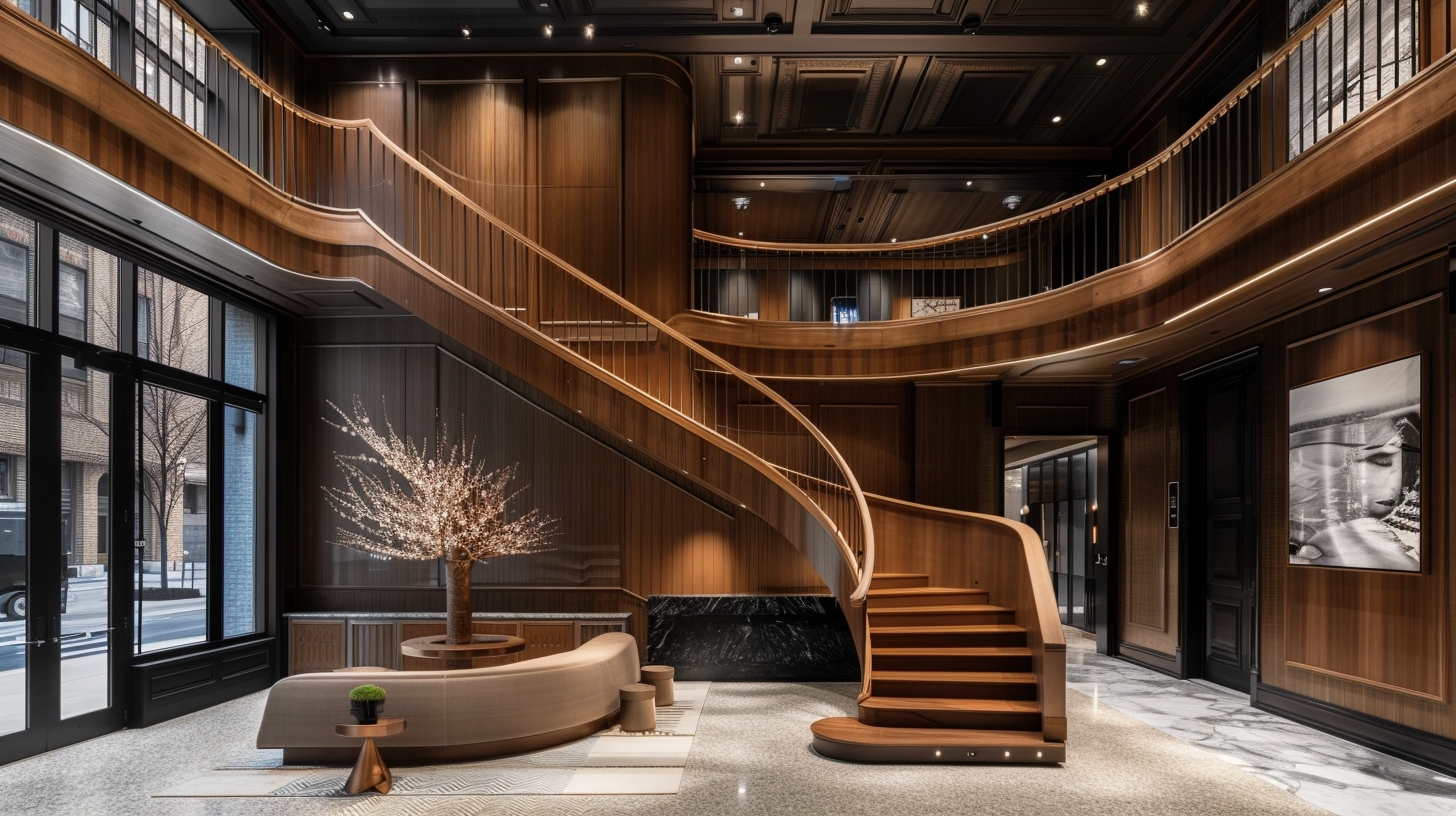 A custom wooden staircase in a luxury Manhattan hotel lobby with elegant finishes and detailed woodwork.