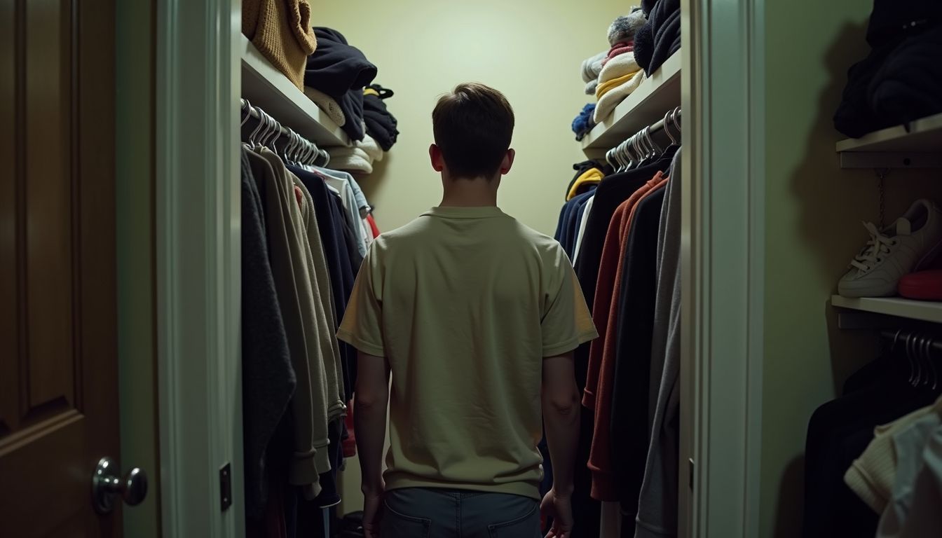 A man looking through a cluttered walk-in closet in a New York City apartment.