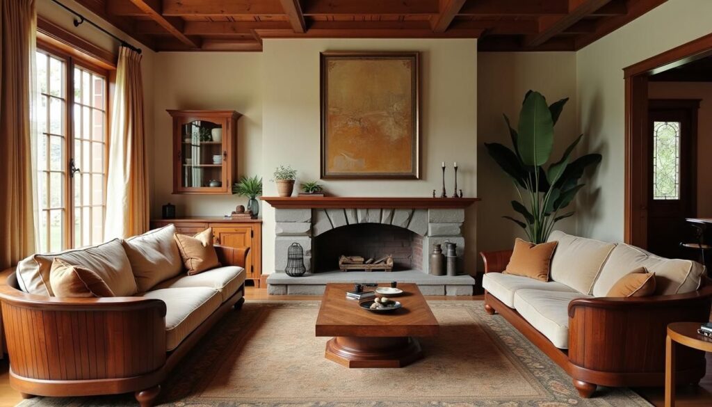 A cozy living room with custom-made wooden furniture and fine craftsmanship creating a warm atmosphere